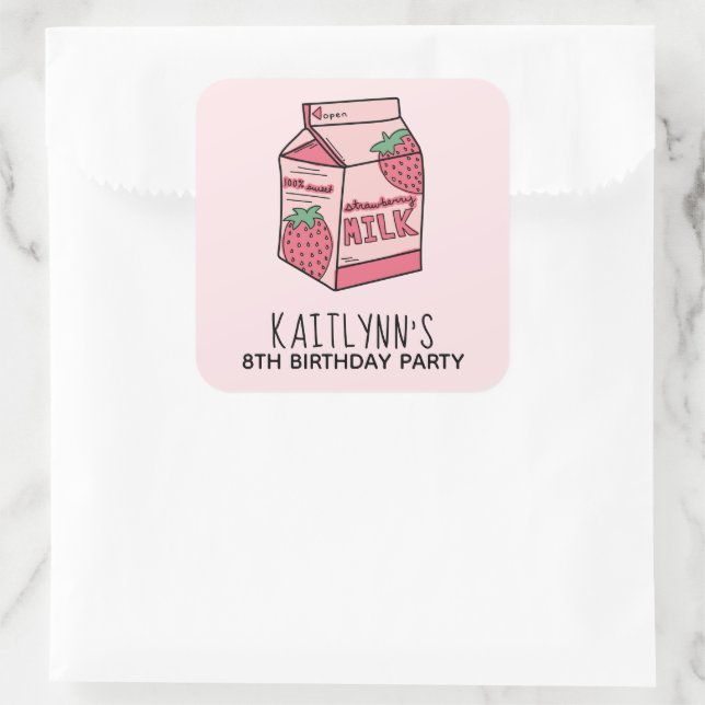 Cute Strawberry Milk Birthday Party Square Sticker (Bag)