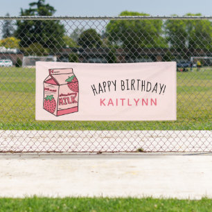 Cute Strawberry Milk Happy Birthday Banner