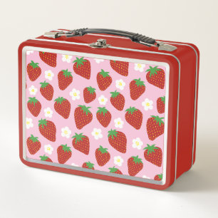 Cute Strawberry Pattern on Pink Background Metal Lunch Box