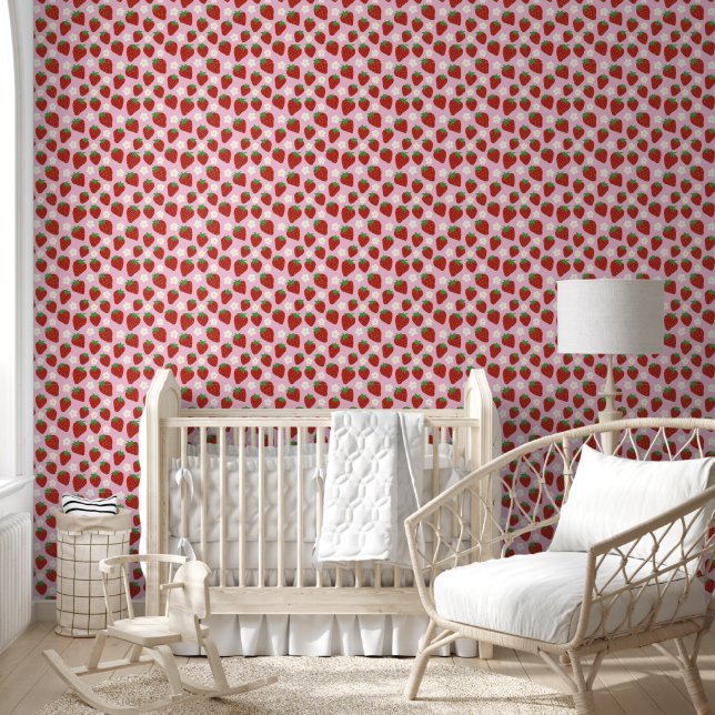 Cute Strawberry Pattern on Pink Background Wallpaper (Kids)