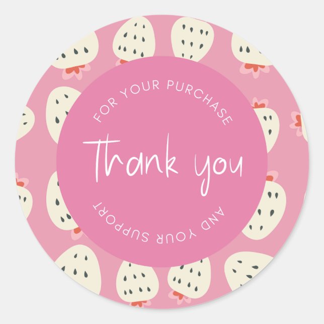 Cute Strawberry Pattern "Thank You" Packaging Classic Round Sticker (Front)