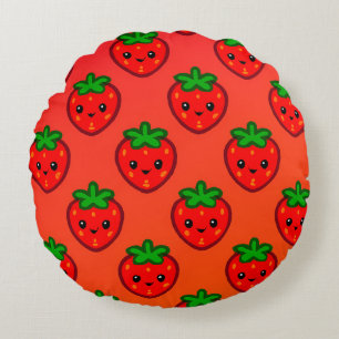 Cute Strawberry Pattern with Smiling Faces on Grad Round Cushion