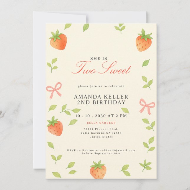 Cute Strawberry Pink Birthday Invitation (Front)