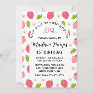 Cute Strawberry Pink Girls 1st Birthday Invitation