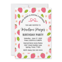Cute Strawberry Pink Girls Birthday Invitation