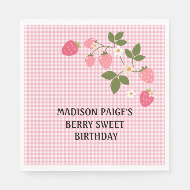 Cute Strawberry Pink Girls Birthday Paper Plate Napkin (Front)