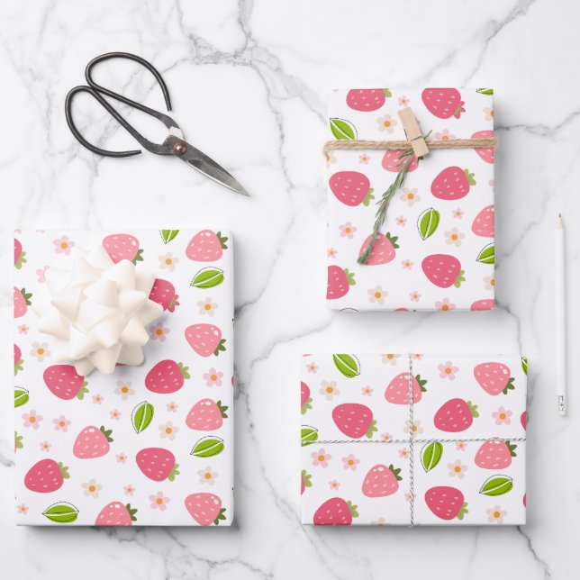 Cute Strawberry Pink Girls Birthday Wrapping Paper Sheet (Front)