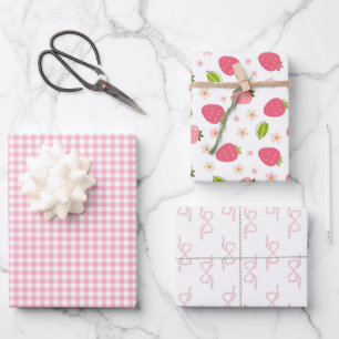 Cute Strawberry Pink Girls Birthday Wrapping Paper Sheet