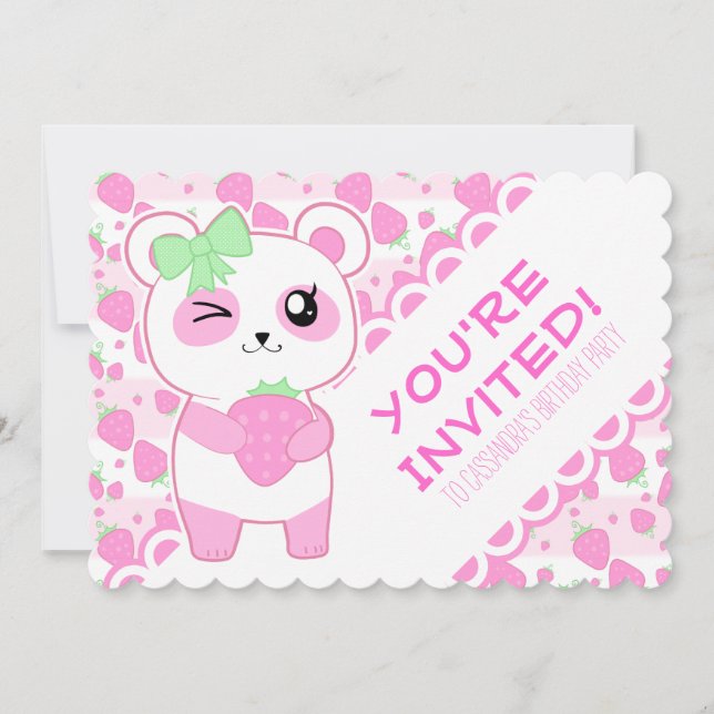 Cute Strawberry pink Kawaii Panda bear Invitation (Front)