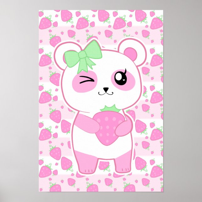 Cute Strawberry pink Kawaii Panda bear Poster (Front)