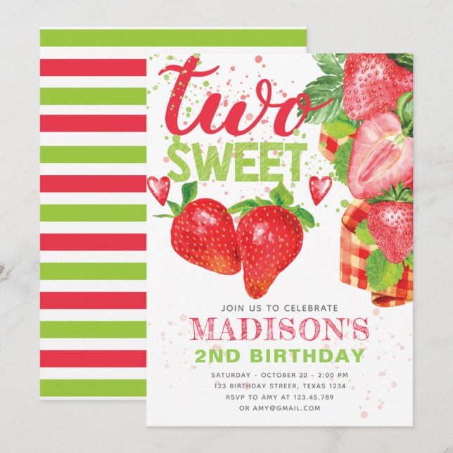 Cute Strawberry Theme 2nd Birthday Invitation (Front/Back)