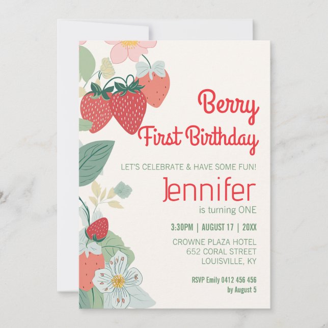 Cute Strawberry Theme Custom Berry First Birthday Invitation (Front)