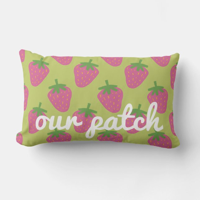 Cute Strawberry Themed Green and Pink "Our Patch" Lumbar Cushion (Front)