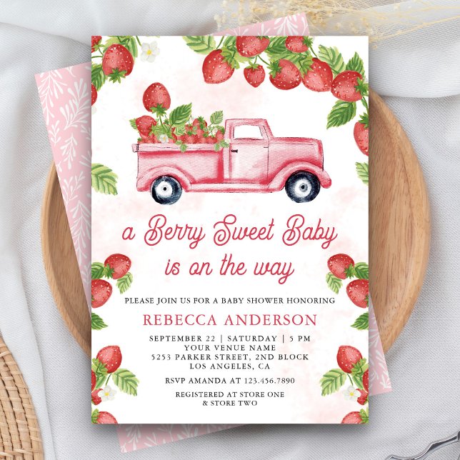 Cute Strawberry Truck Berry Sweet Baby Shower Invitation (Creator Uploaded)