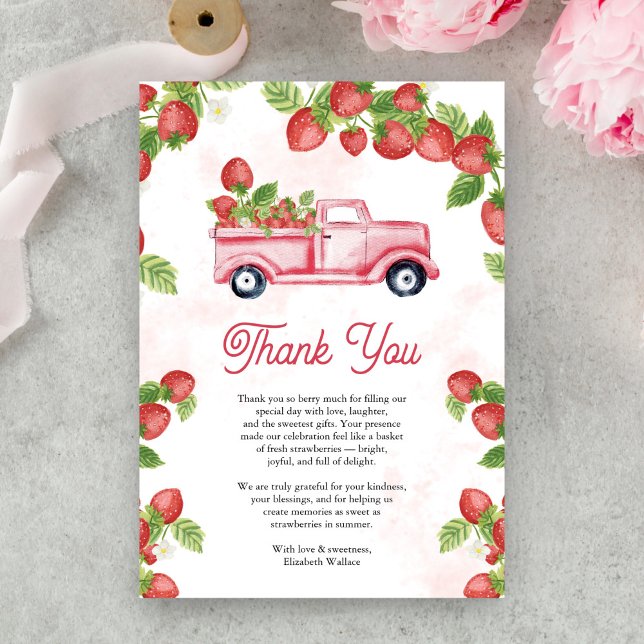 Cute Strawberry Truck Berry Sweet Baby Shower Thank You Card (Creator Uploaded)