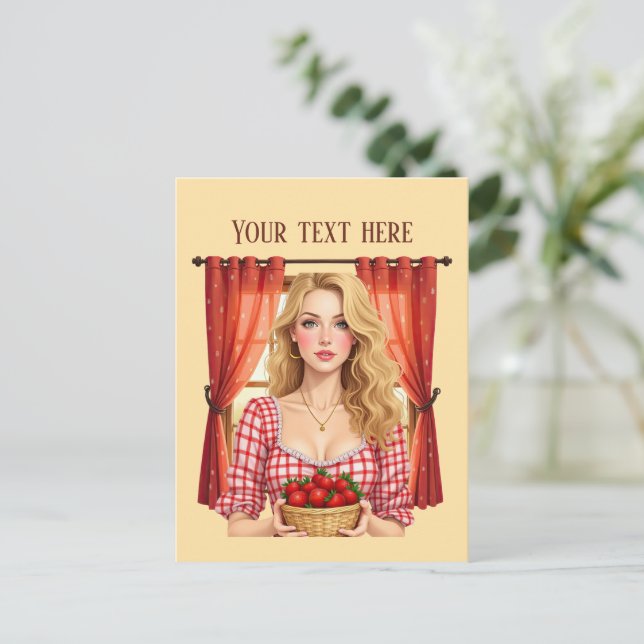 Cute strawberry vendors customisable postcard (Standing Front)