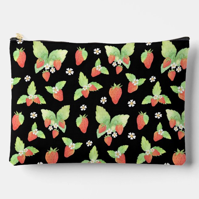 Cute Strawberry Watercolor Botanical Pattern Accessory Pouch (Front)