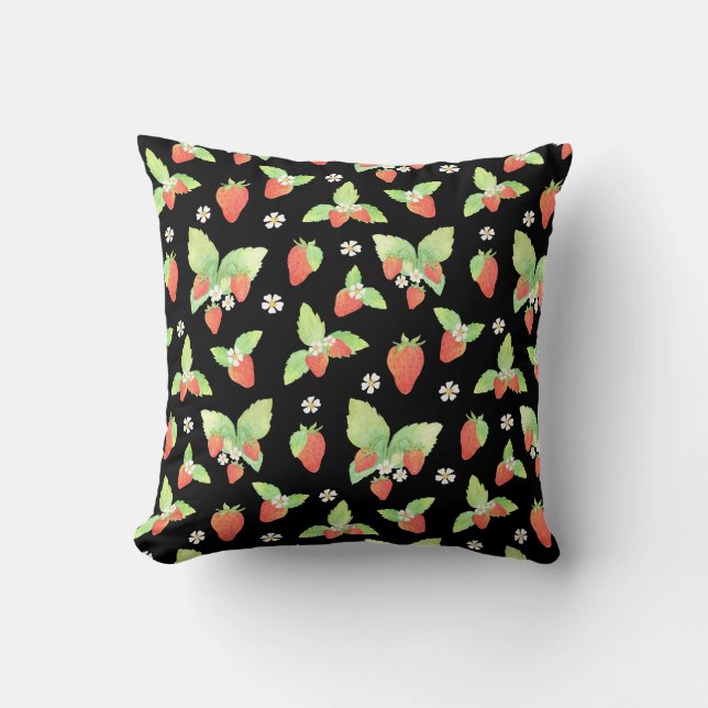 Cute Strawberry Watercolor Botanical Pattern Cushion (Front)