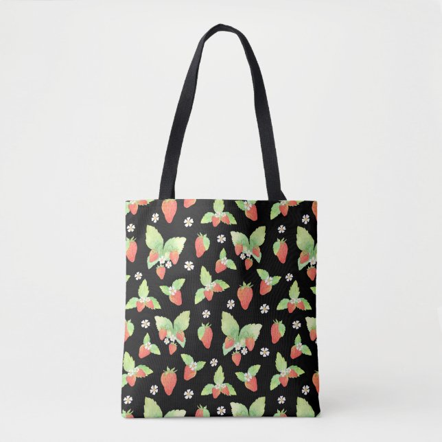 Cute Strawberry Watercolor Botanical Pattern Tote Bag (Front)
