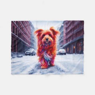 Cute stray dog lost in snowy white city road fleece blanket
