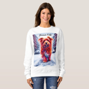 Cute stray dog lost in snowy white city road sweatshirt