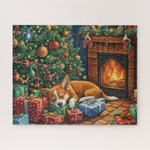 Cute stray dog sleeping under a Christmas tree Jigsaw Puzzle