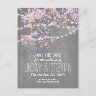 cute string lights rustic save the date postcards