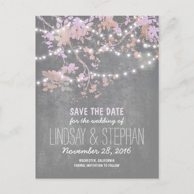 cute string lights rustic save the date postcards (Front)