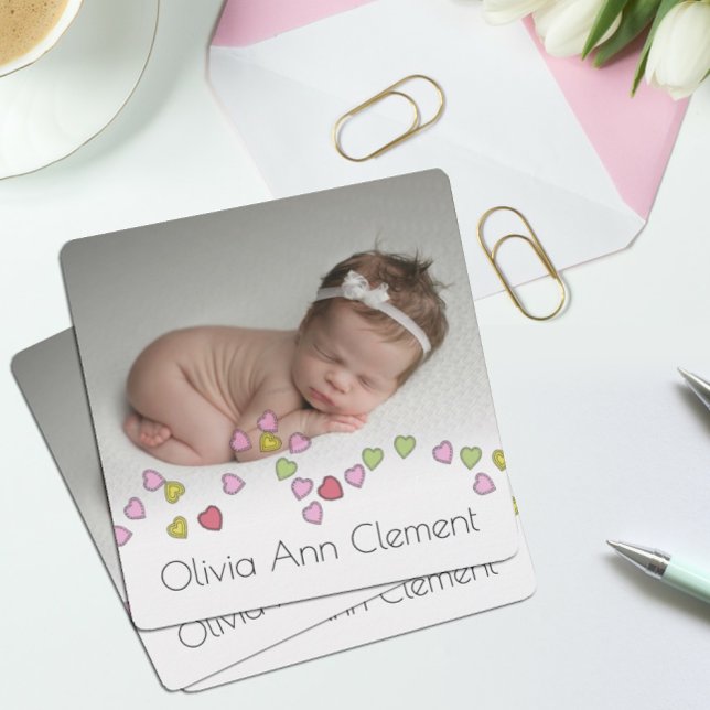  Cute String of Hearts Photo Birth Announcement (Creator Uploaded)