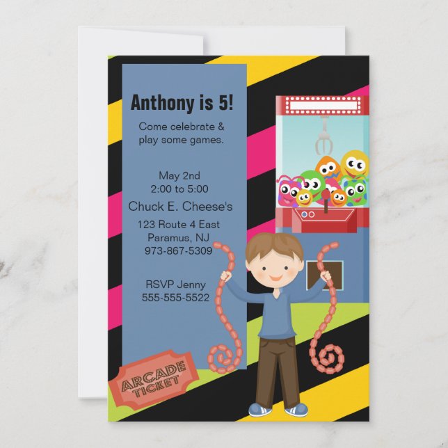 Cute, Striped, Arcade Birthday Boyl Invitation (Front)