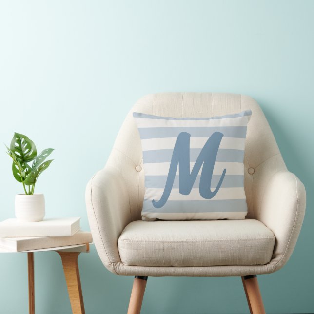 Cute Striped Blue Mist & Off White Monogram Pillow (Chair)