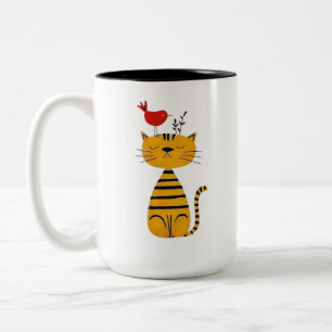 Cute Striped Cat and Red Bird Art Two-Tone Coffee Mug
