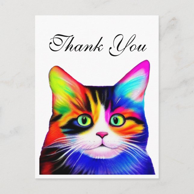 Cute Striped Multicolored Rainbow Thank You Cat Postcard (Front)