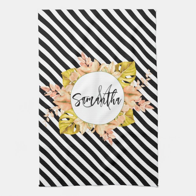 Cute Stripes and Floral Monogram Tea Towel (Vertical)