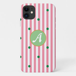 Cute stripes pattern monogrammed pink green dots   iPhone 11 case