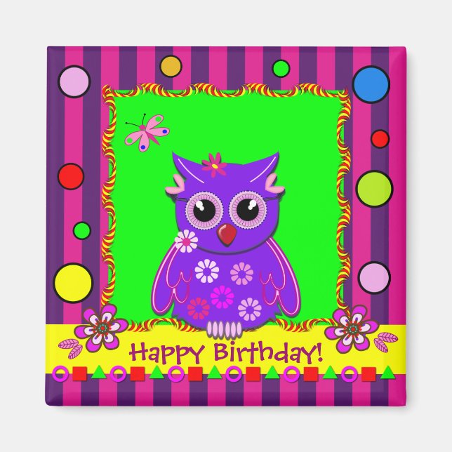 Cute stripes, polka dots, owl, Birthday magnet (Front)