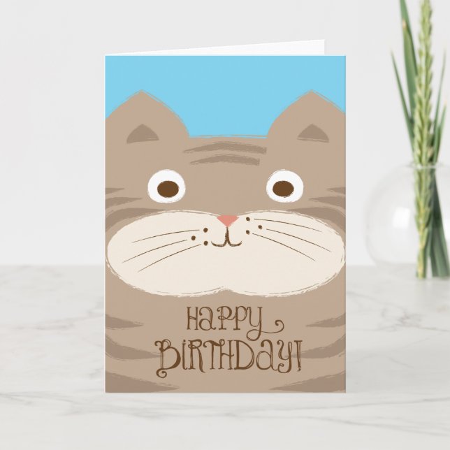 Cute Stripey Brown Cat Birthday Card (Front)