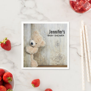 Cute Stuffed Bear Rustic Wooden Back Baby Shower Napkin