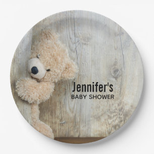 Cute Stuffed Bear Rustic Wooden Back Baby Shower Paper Plate