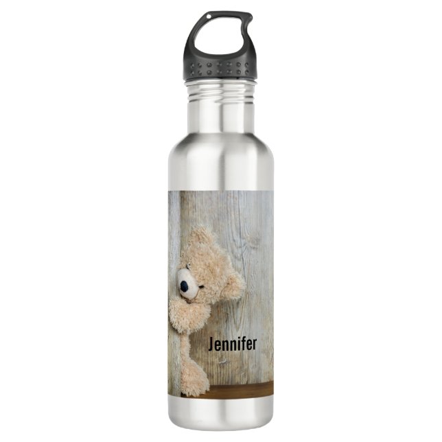 Cute Stuffed Bear Rustic Wooden Backdrop 710 Ml Water Bottle (Front)