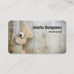 Cute Stuffed Bear Rustic Wooden Backdrop Business Card
