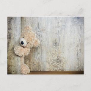 Cute Stuffed Bear Rustic Wooden Backdrop Postcard