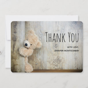 Cute Stuffed Bear Rustic Wooden Backdrop Thank You Card