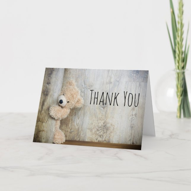 Cute Stuffed Bear Rustic Wooden Backdrop Thank You Card (Front)