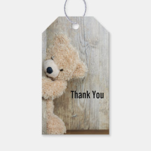 Cute Stuffed Bear Rustic Wooden Backdrop Thank You Gift Tags