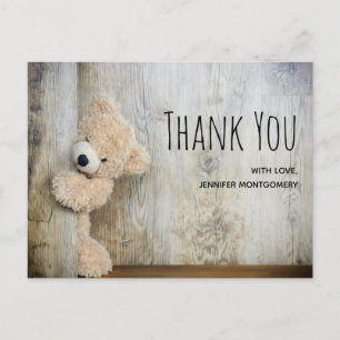 Cute Stuffed Bear Rustic Wooden Backdrop Thank You Postcard
