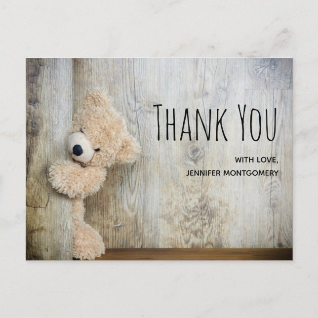 Cute Stuffed Bear Rustic Wooden Backdrop Thank You Postcard (Front)
