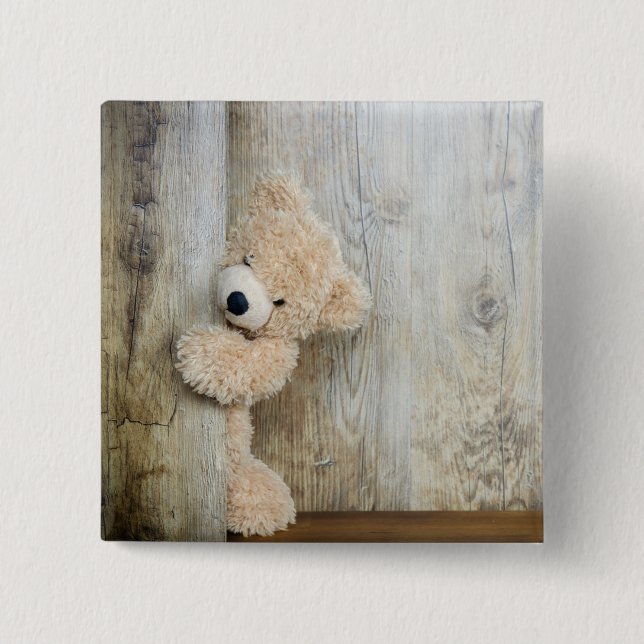 Cute Stuffed Bear Rustic Wooden Wall 15 Cm Square Badge (Front)