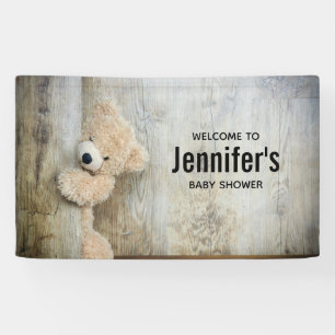 Cute Stuffed Bear Rustic Wooden Wall Baby Shower Banner