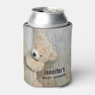 Cute Stuffed Bear Rustic Wooden Wall Baby Shower Can Cooler
